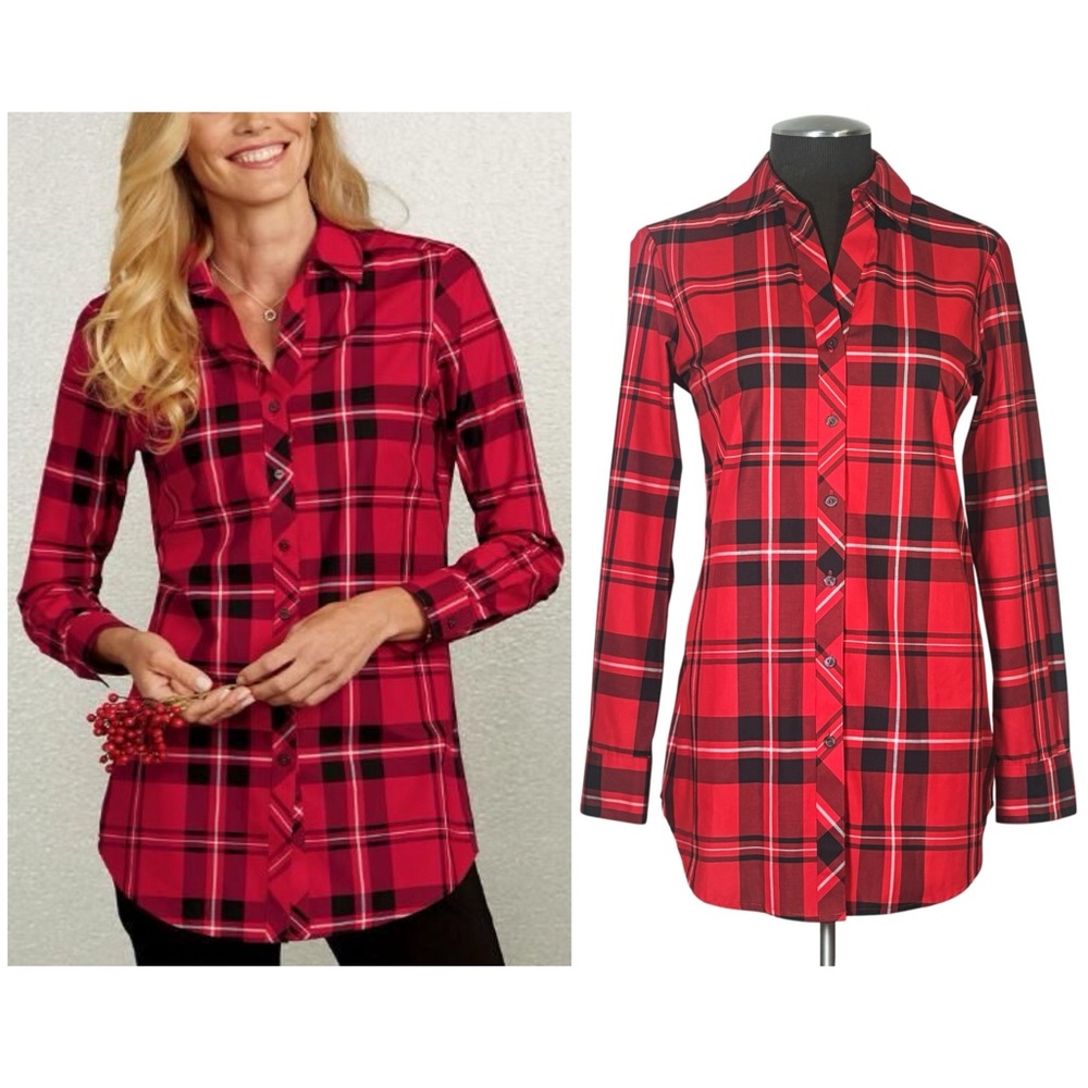 Foxcroft – Red Plaid Holiday Wrinkle Free Long Sleeve Tunic Shirt - Size 6